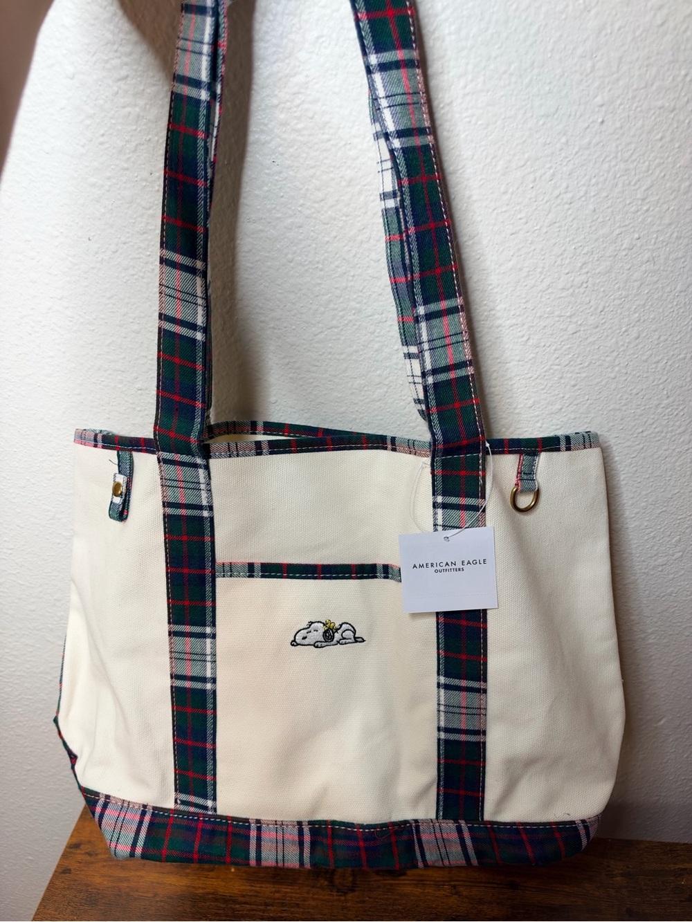 American Eagle x Peanuts Snoopy Holiday Plaid Tote Bag NWT